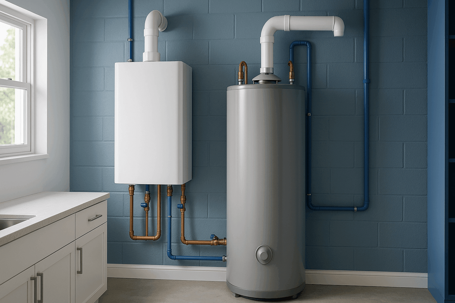 Modern tankless and tank water heaters side by side in utility room