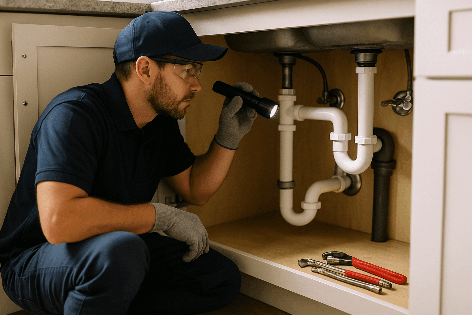 Plumber inspecting plumbing pipes under kitchen sink for hidden leaks