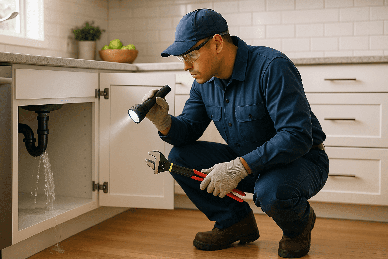 Plumber in uniform assessing burst pipe under kitchen sink