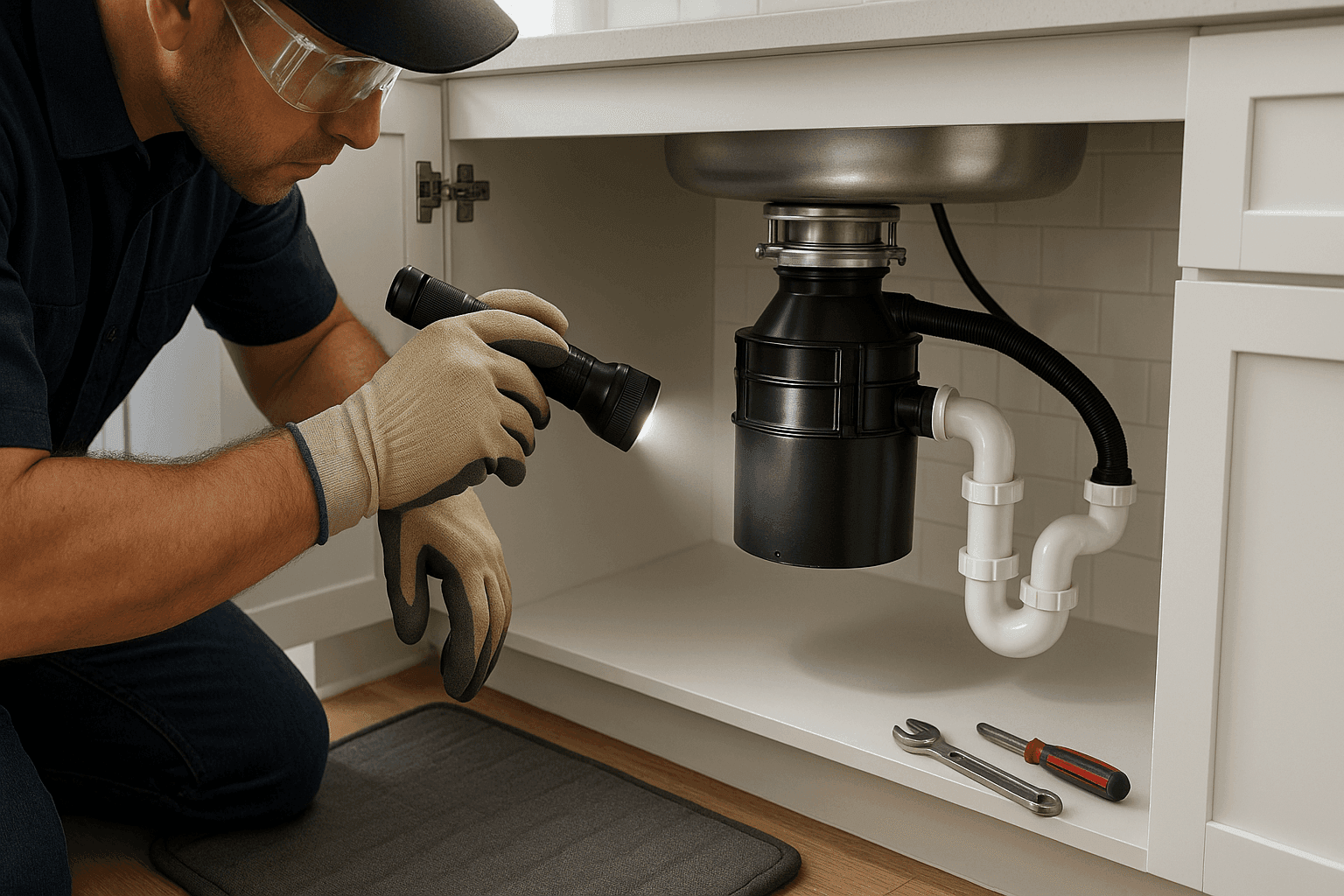 Plumber safely troubleshooting garbage disposal under kitchen sink