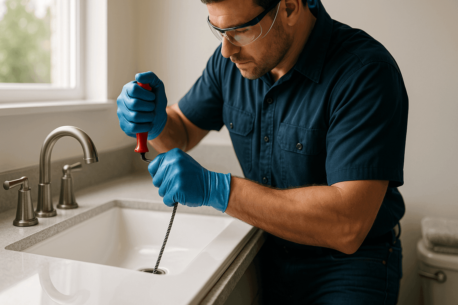 Plumber using drain snake in residential bathroom sink