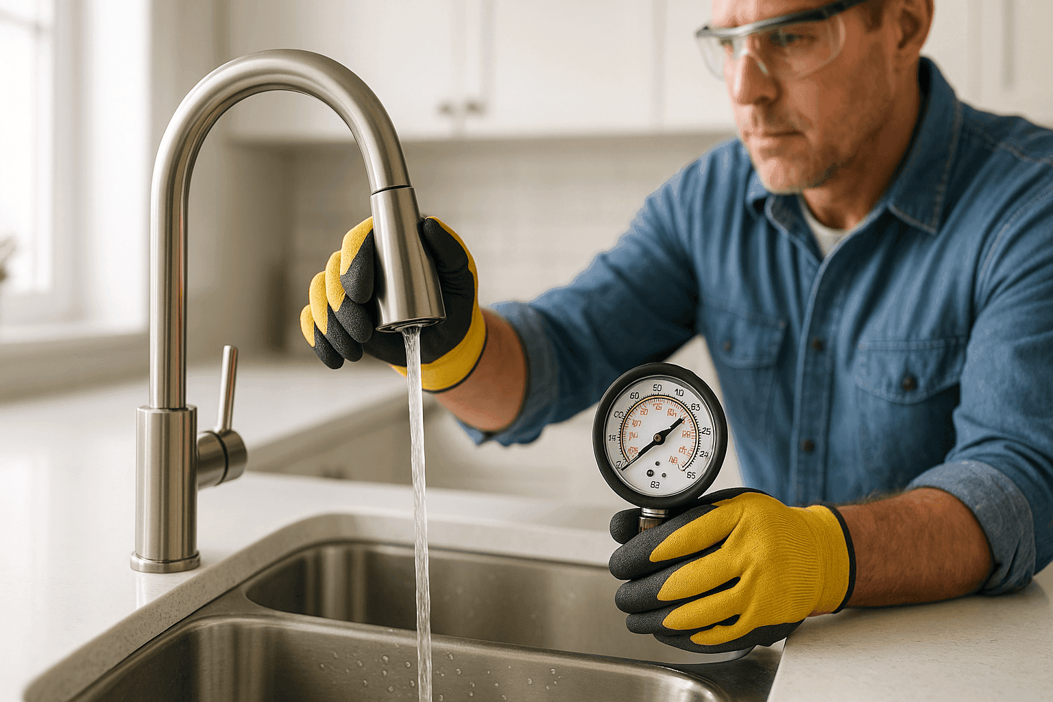 Homeowner testing water pressure at kitchen faucet