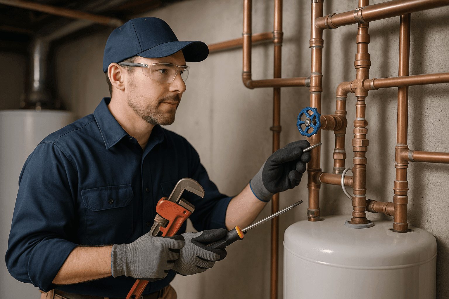 Plumber performing plumbing system maintenance inspection in residential basement