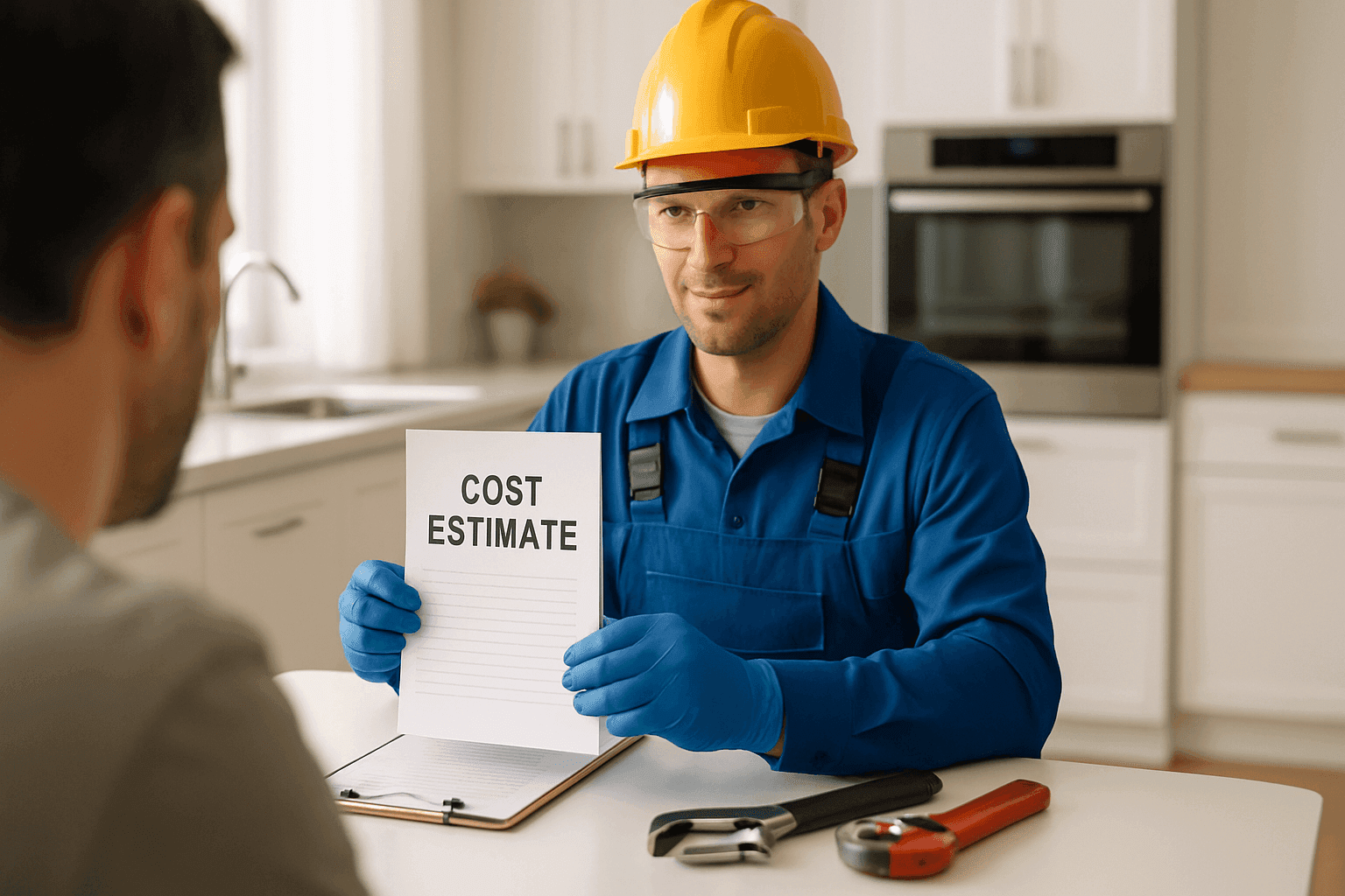 Plumber showing homeowner a written cost estimate