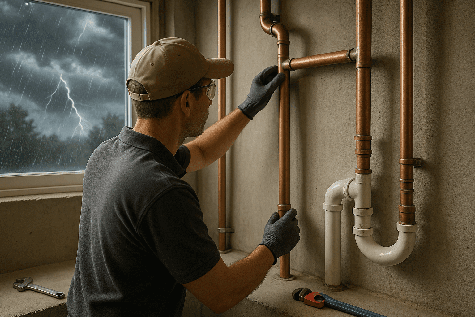 Propietario revisando tuberías de plomería en el sótano antes de una tormenta