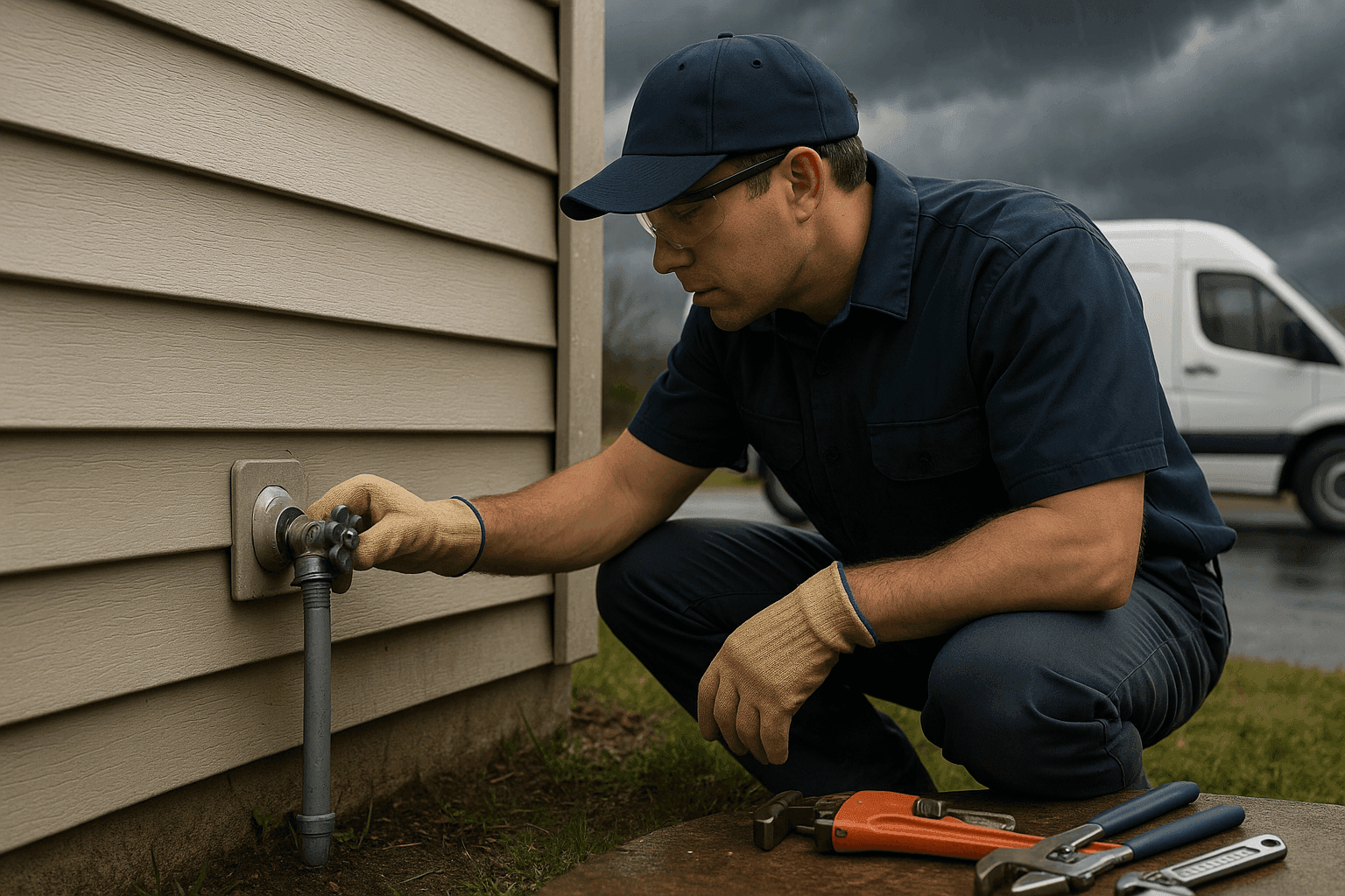 Plumber inspecting outdoor pipes during stormy weather for emergency prevention