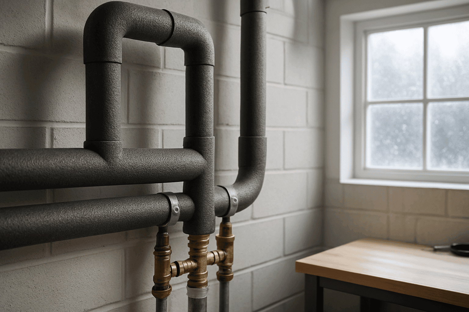 Insulated pipes in a basement with frost outside window