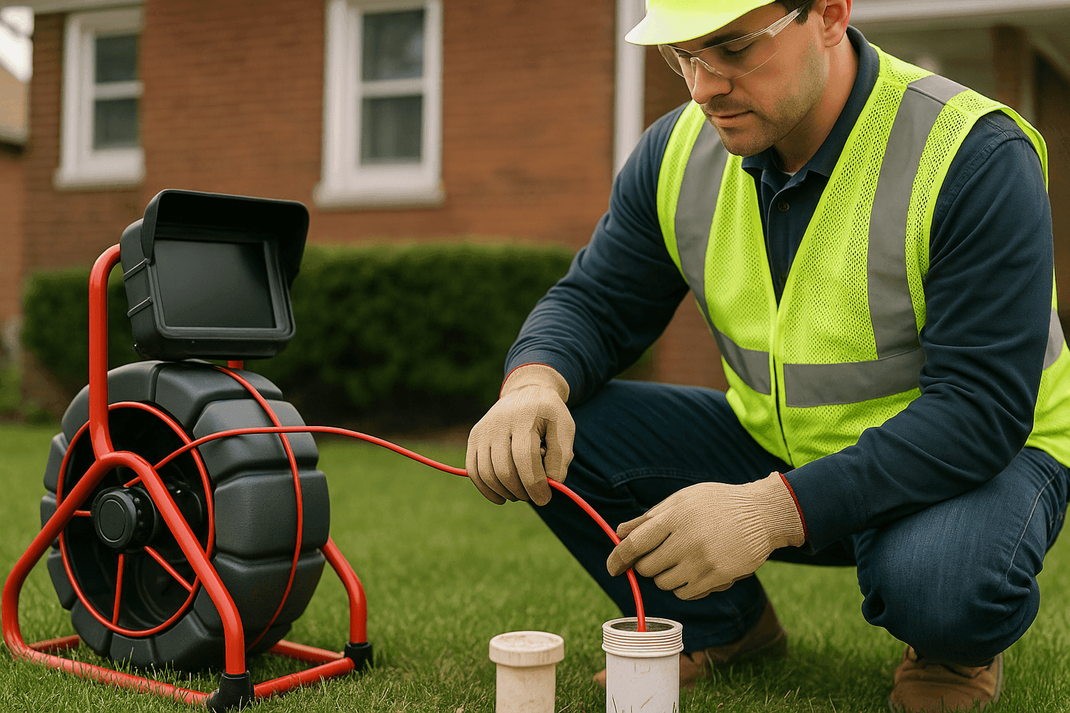Plumber inspecting outdoor sewer cleanout with camera
